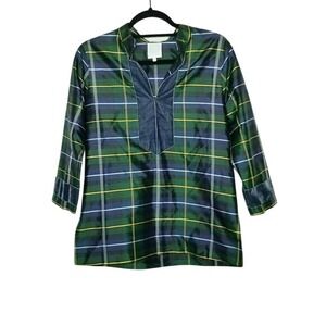 Devon Baer Plaid Tunic Silk Velvet Top Green Blue‎ Yellow White Womens S Holiday